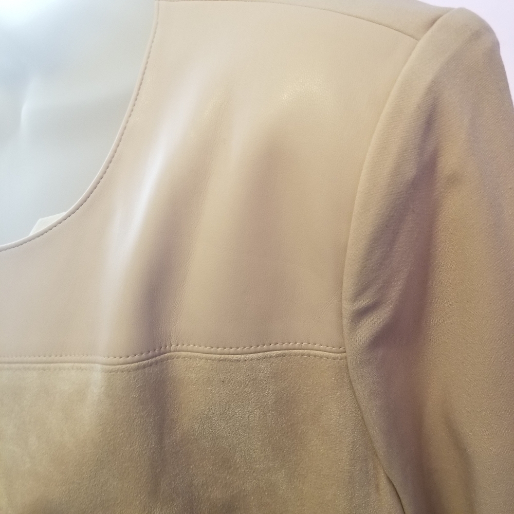 Calvin Klein Sz 14 Blush Suede, Leather, Knit Open Long Jacket Patchwork NWT - Picture 5 of 12